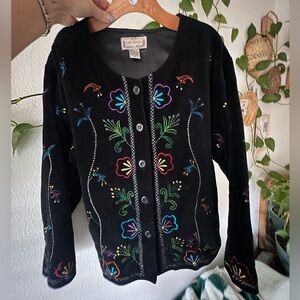 Vibrant Floral Embroidered Black Cardigan